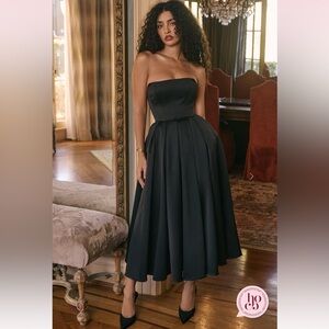 House of cb Contessa Black Strapless Satin Corset Midi‎ Dress NWOT size L